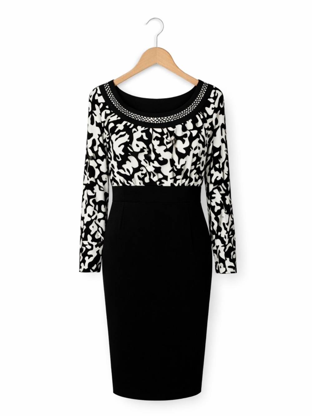 Alfani Black White Sheath Dress Size 6 Long Sleeve Embellished Neck Work Office